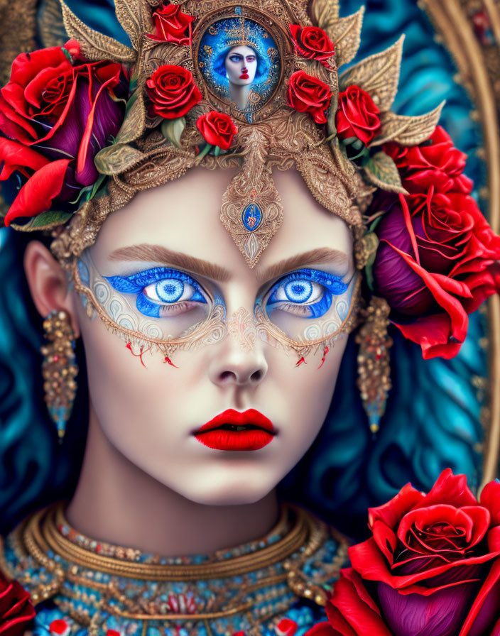 Ornate portrait of a woman with blue eyes and red lips