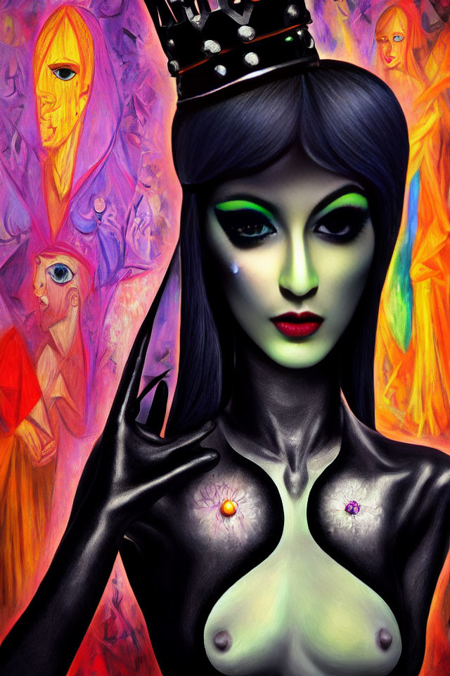 Colorful Surrealist Portrait of Dark-Haired Female with Green Eye Makeup and Crown