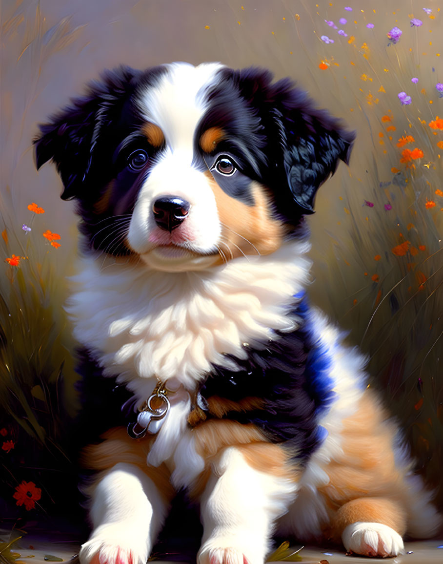 Tri-color Bernese Mountain Dog puppy in wildflower field