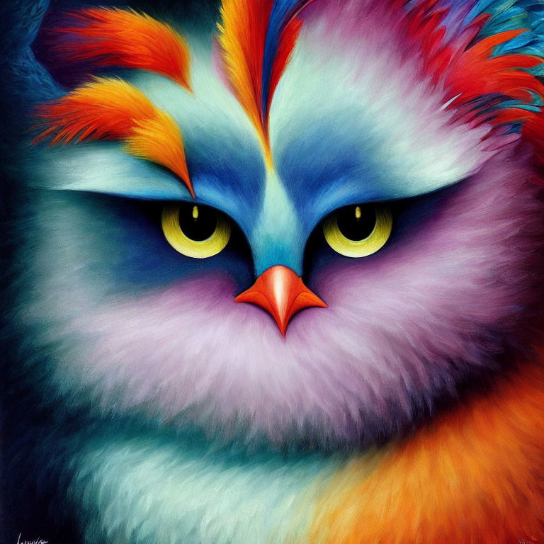 Colorful digital artwork of stylized bird with yellow eyes and vibrant feathers