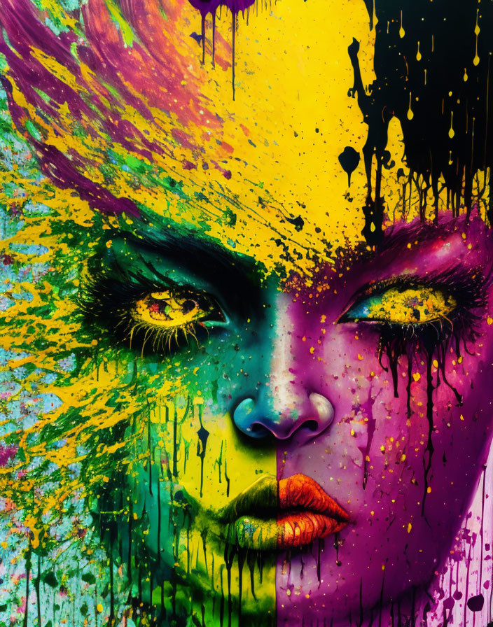 Colorful graffiti portrait of a woman with paint drips on face