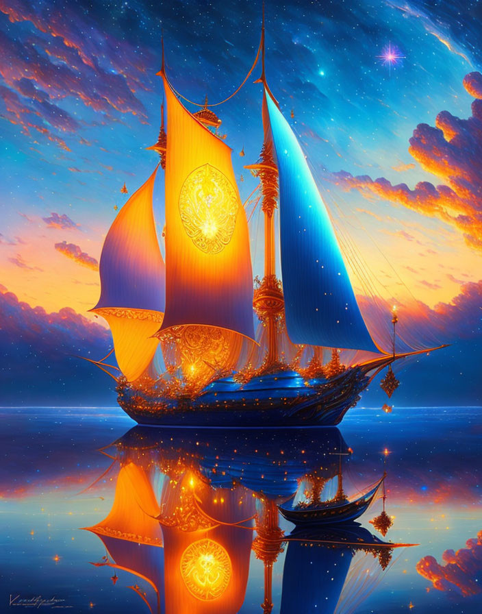 Vibrant digital artwork: Ship with glowing sails on tranquil waters