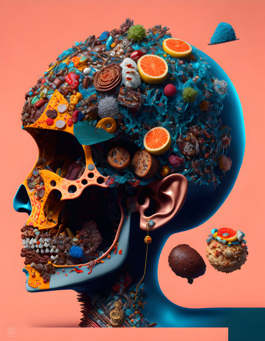 Colorful Human Skull Covered in Sweets Against Pink and Blue Background