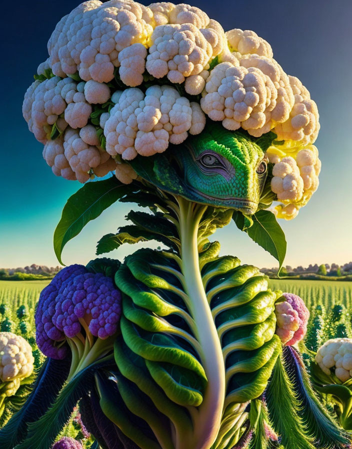 Chameleon blending into broccoli with cauliflower canopy