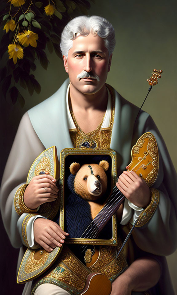 Man with Silver Hair and Mustache Holding Bear Playing String Instrument