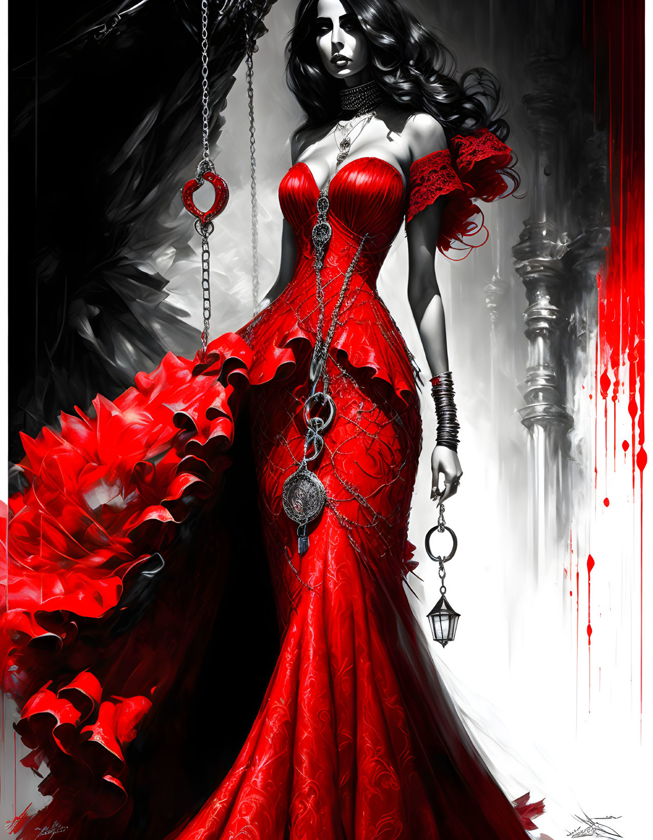 Illustration of woman in red gown with lantern on monochromatic background