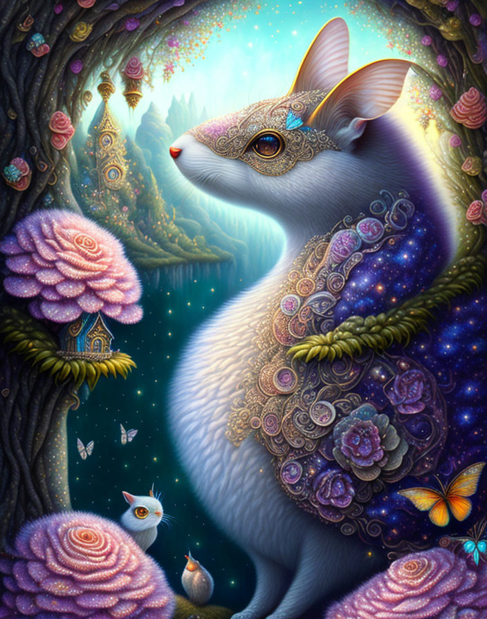 Majestic ornate cat in fantasy landscape with mushrooms and butterflies