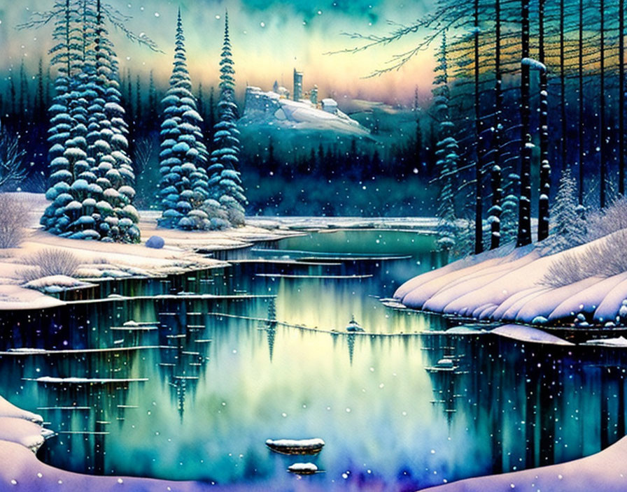 Snow-covered forest and river in serene winter landscape