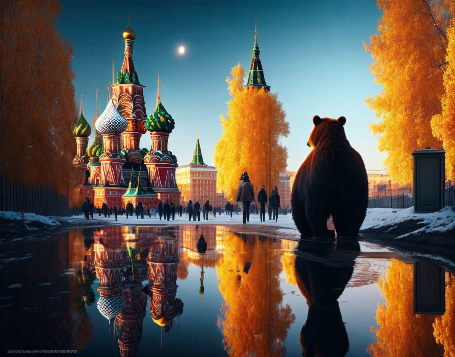 Bear in foreground with Saint Basil's Cathedral in vibrant autumn scene reflected on water in Moscow at twilight