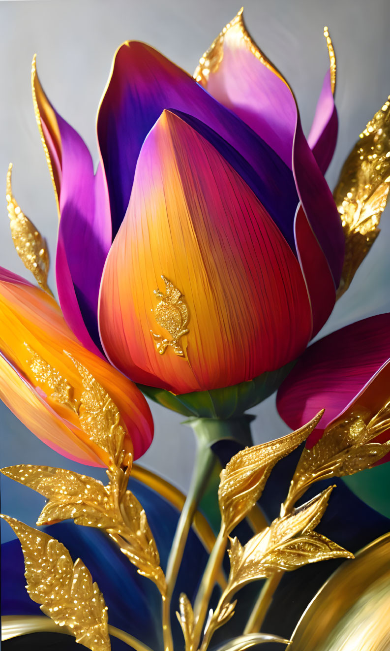 Colorful tulip image with gradient petals and gold leaf patterns