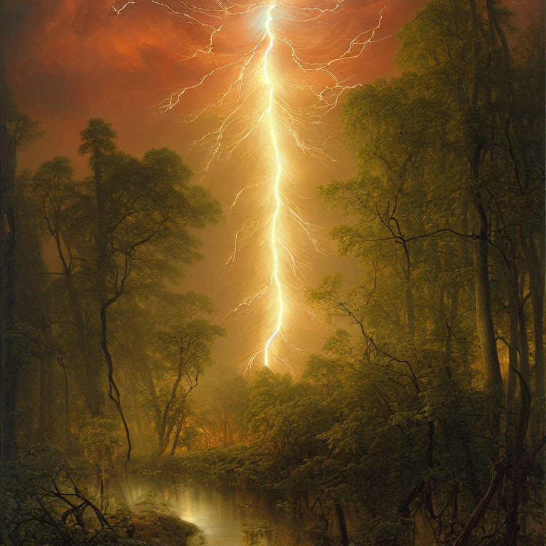 Vivid lightning bolt in dark forest with glowing trees & river