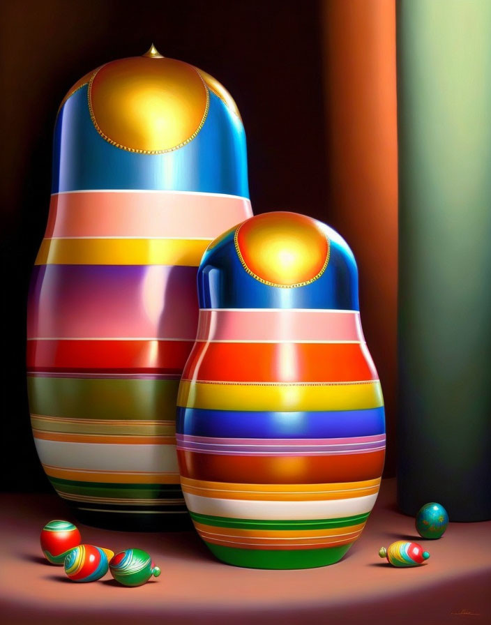 Colorful Large and Small Matryoshka Dolls on Shaded Background