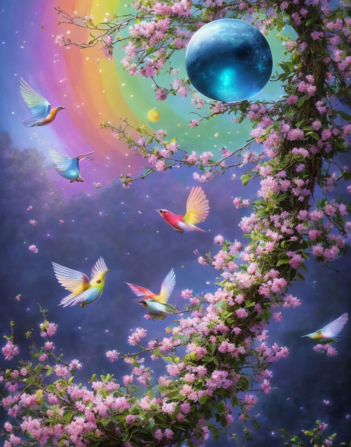 Colorful Birds Flying Among Blooming Branches Under Blue Moon and Rainbow