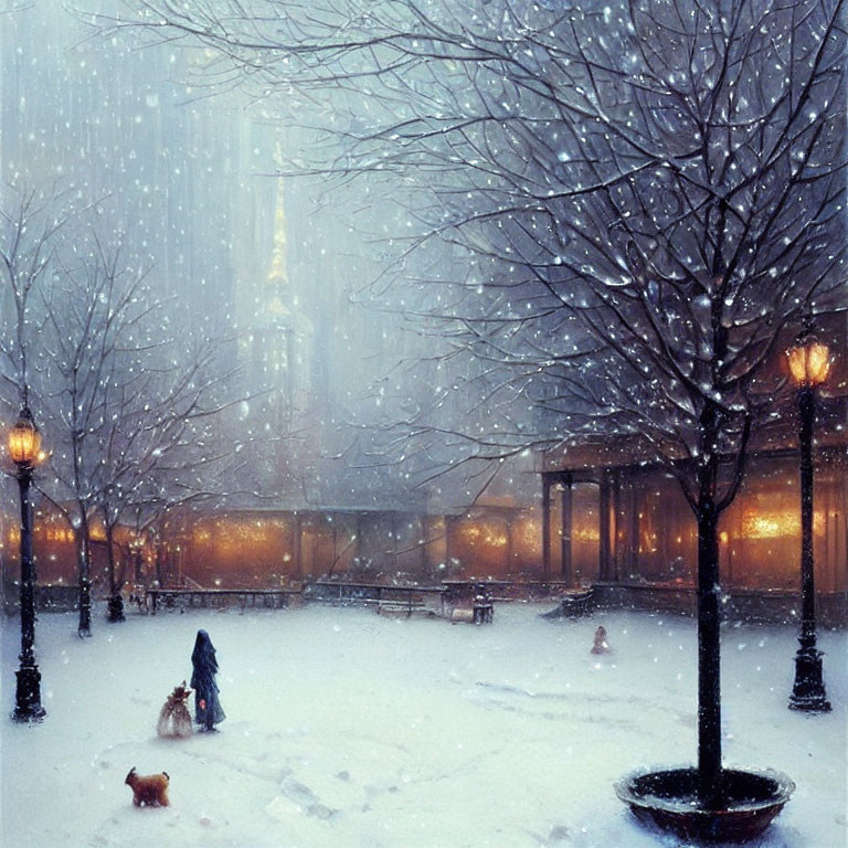 Person and dog walking in snowy urban park with street lamps and snow-covered buildings