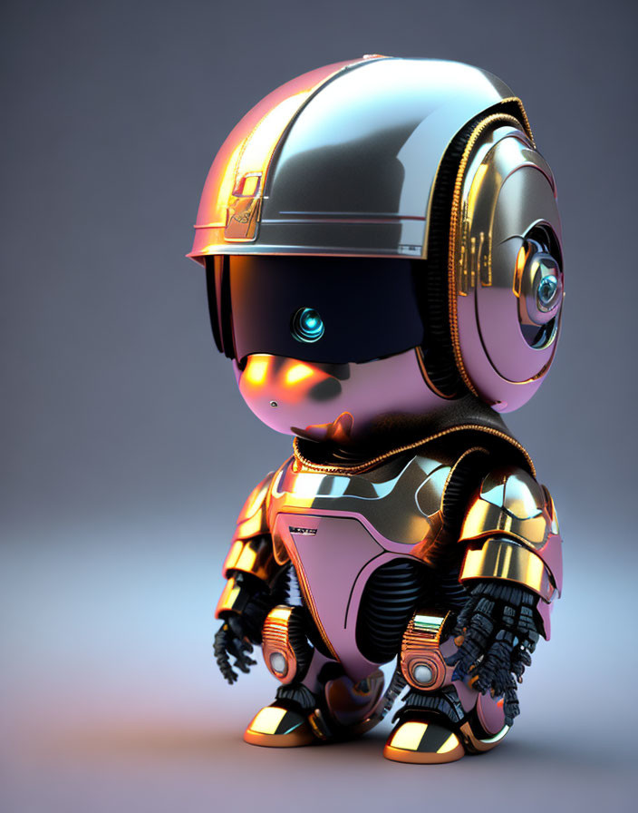 Futuristic cute robot with glossy helmet and pink-gold armor