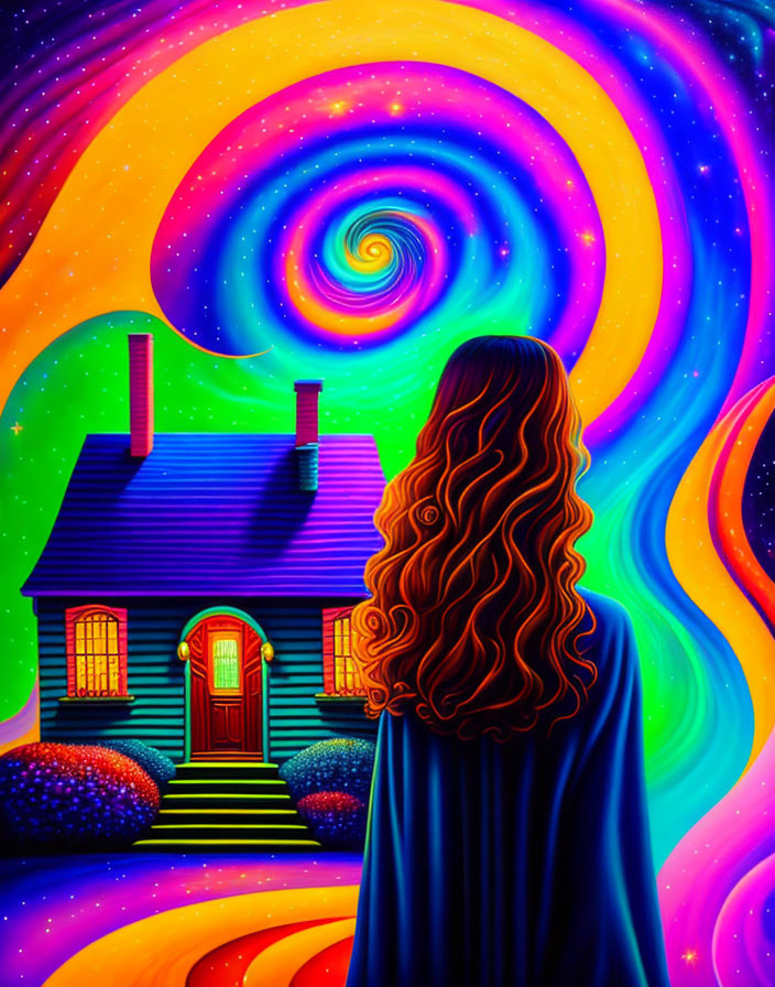 Woman with flowing hair in vibrant, psychedelic landscape