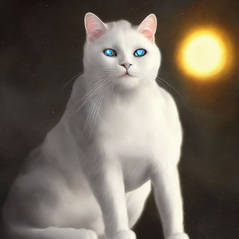 White Cat with Blue Eyes and Glowing Orb in Dark Background