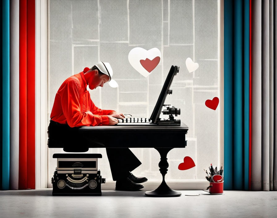 Person typing on vintage typewriter at black desk by window with red curtains