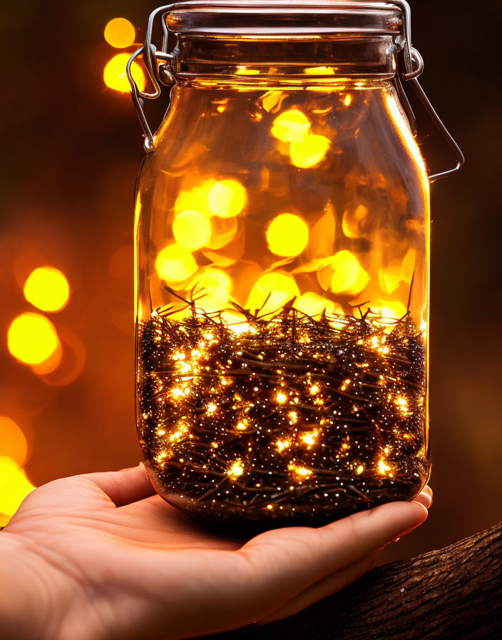 Hand holding glass jar with fairy lights against amber bokeh background