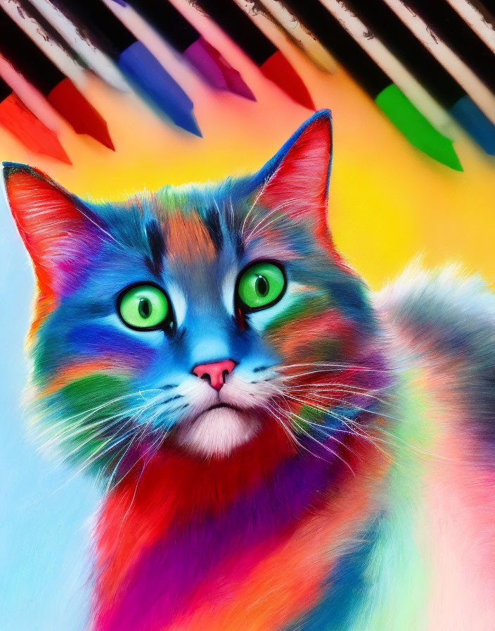 Colorful digital artwork: Cat with multicolored fur coat on abstract background