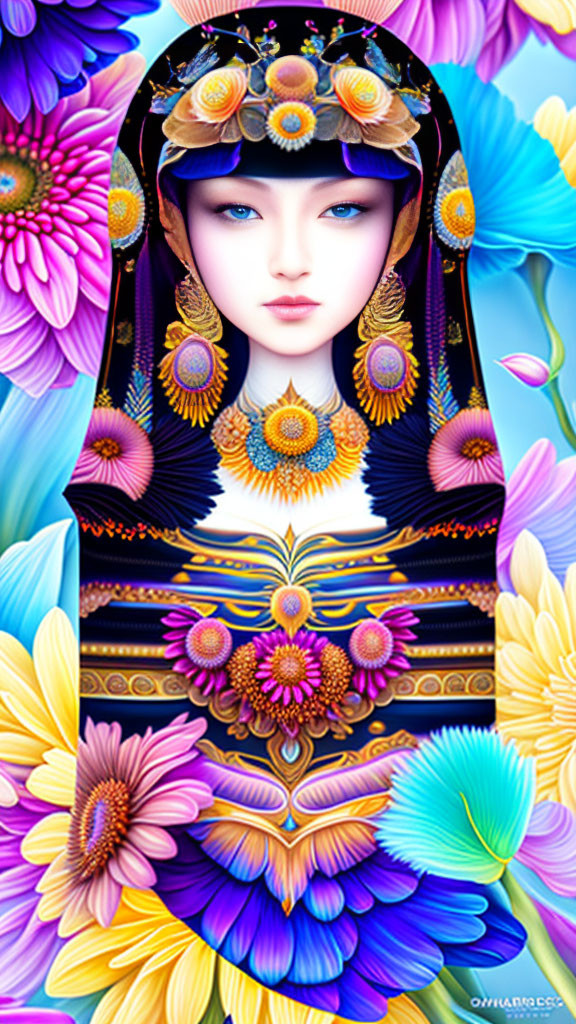 Colorful digital artwork of stylized woman with blue eyes and decorated headscarf surrounded by oversized flowers