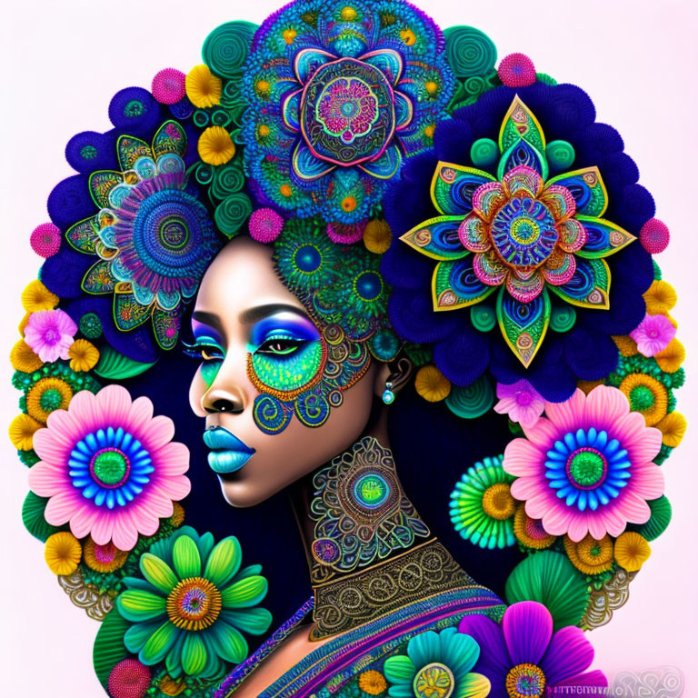 Colorful digital artwork of woman with floral and mandala patterns on pastel background