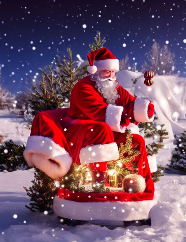 Santa Claus in red suit by snow-covered Christmas tree with lit village under starry sky