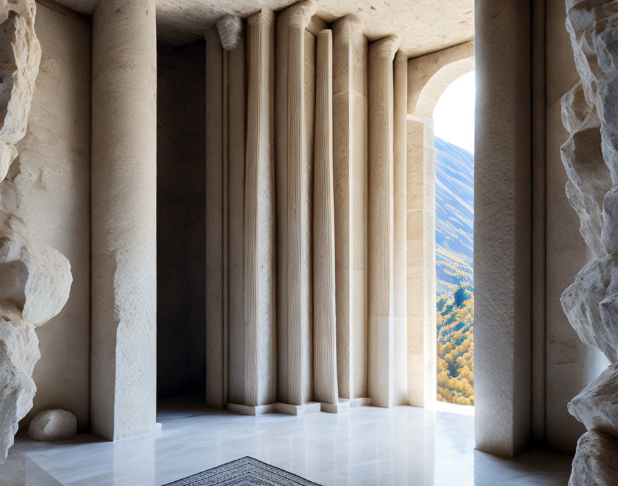 Interior view with tall columns, rough-hewn walls, and forest view through arched opening