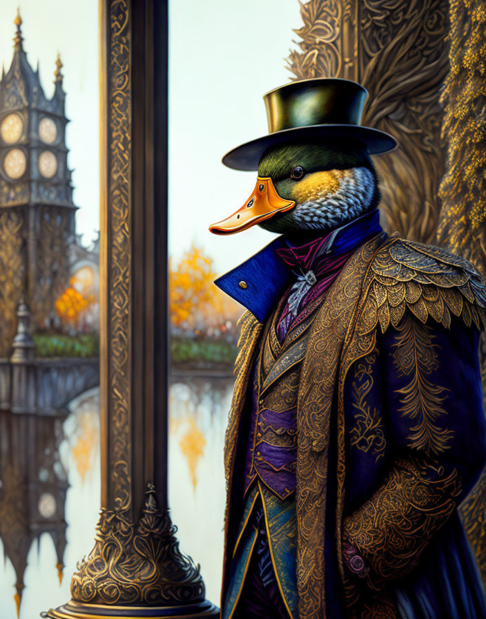 Duck in Victorian attire by window overlooking Big Ben