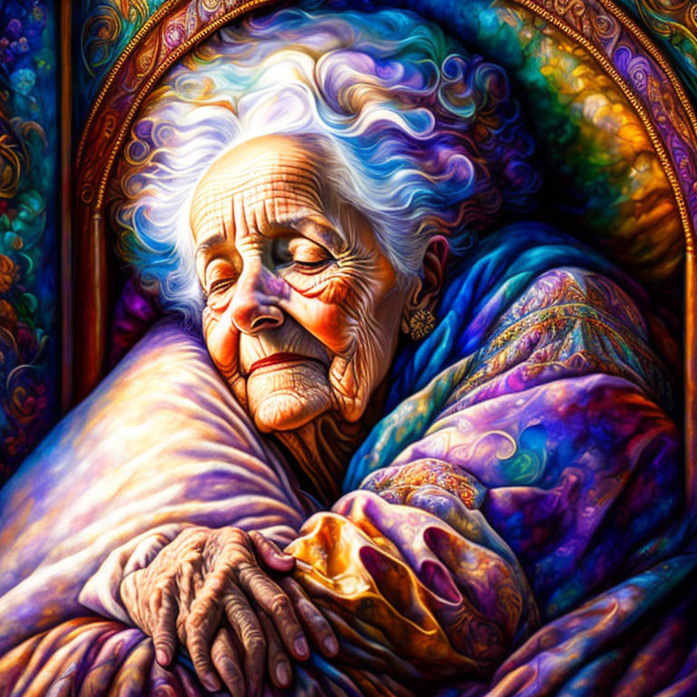 Elderly woman with white hair in vibrant painting.