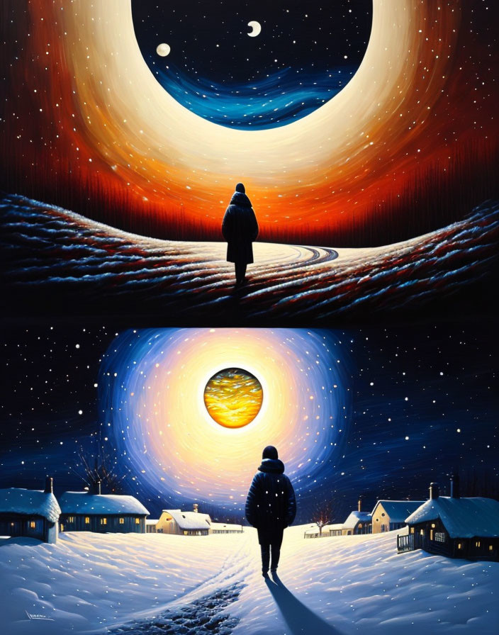 Person walking towards bright celestial bodies in red and yellow themes.