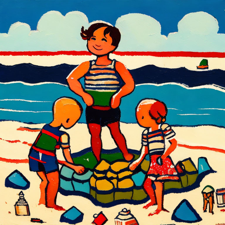 Vibrant beach scene: Three kids playing in sand under blue sky