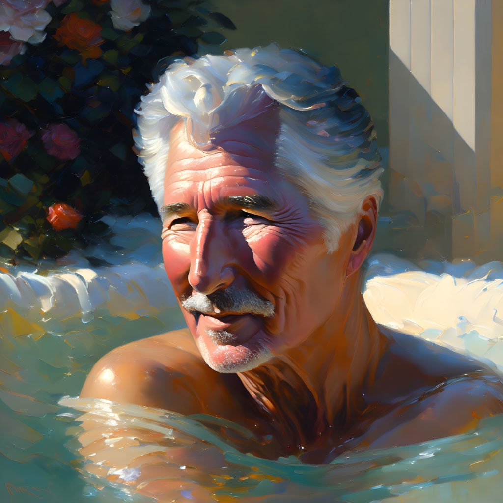 Elderly man with white mustache smiling in sunlit water