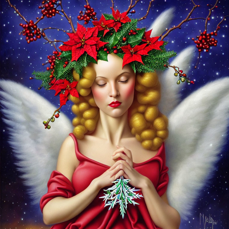 Golden-haired angel in red dress with holly wreath and snowflake on starry background