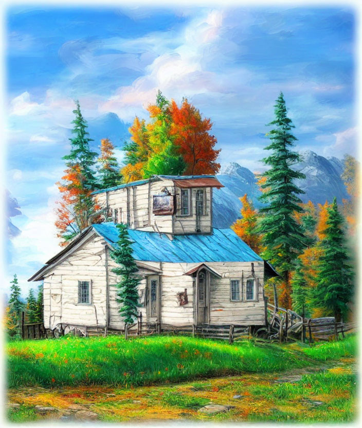 White Wooden House with Blue Roof Amidst Autumn Trees