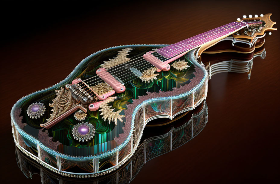 Intricate Double-Necked Guitar with Fractal Patterns