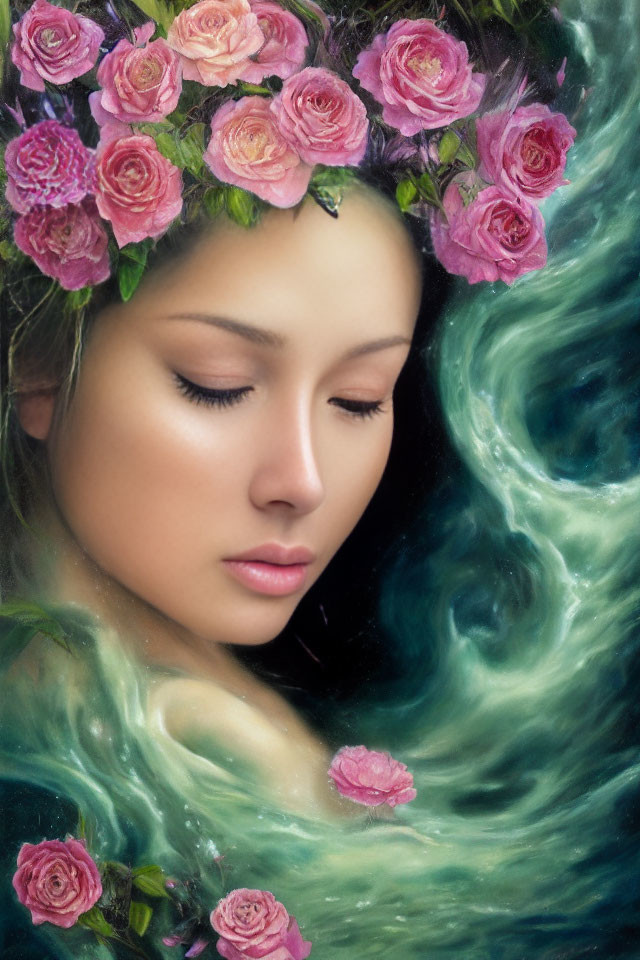 Woman with floral wreath in galaxy backdrop and floating roses.