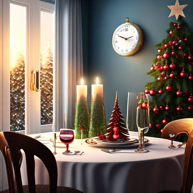 Festive table setting with candles, wine glass, champagne flute, and Christmas tree view