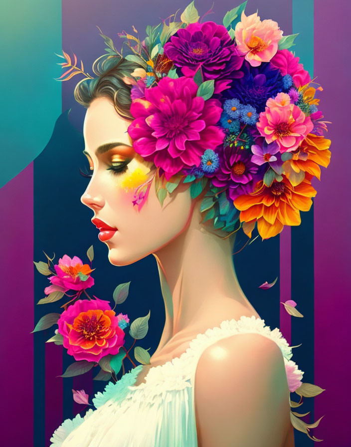 Woman's profile with vibrant floral hair against multicolored backdrop.