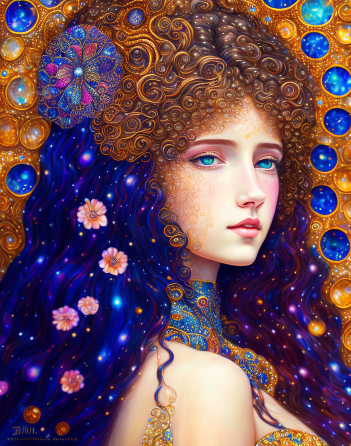 Surreal portrait: female figure with curly hair in night sky with flowers & patterns