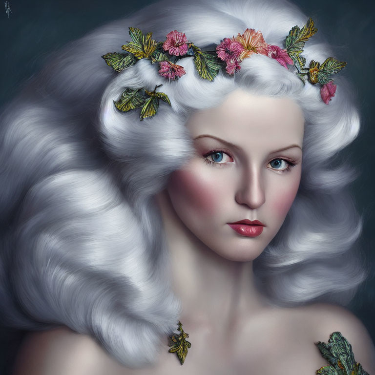 Portrait of woman with pale skin and silver hair in floral crown.