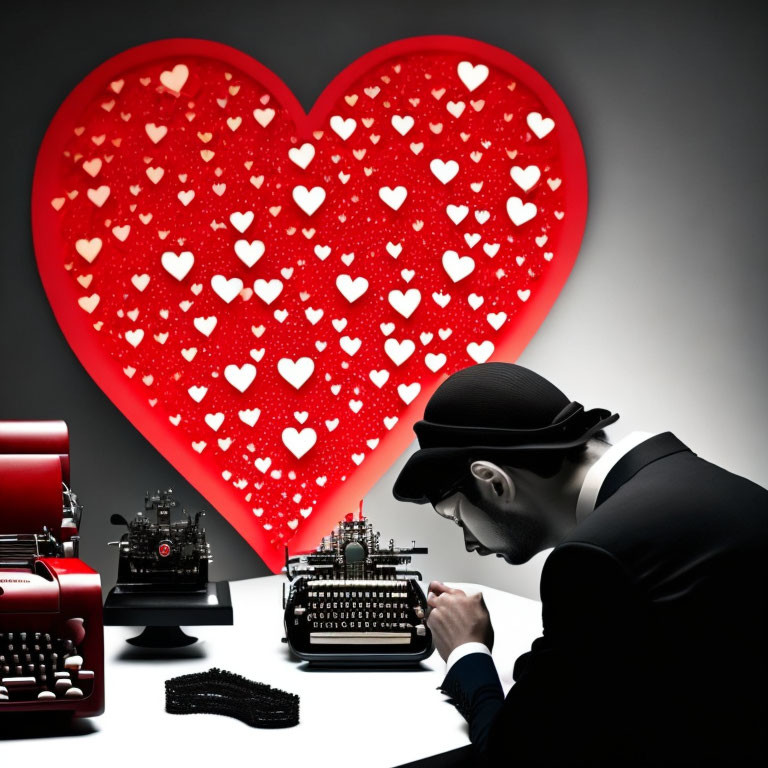 Person in beret typing on vintage typewriter with glowing red heart and smaller hearts.