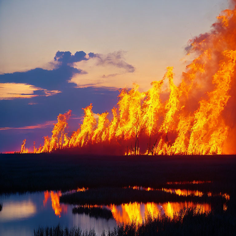 Intense fire near water under beautiful sunset sky