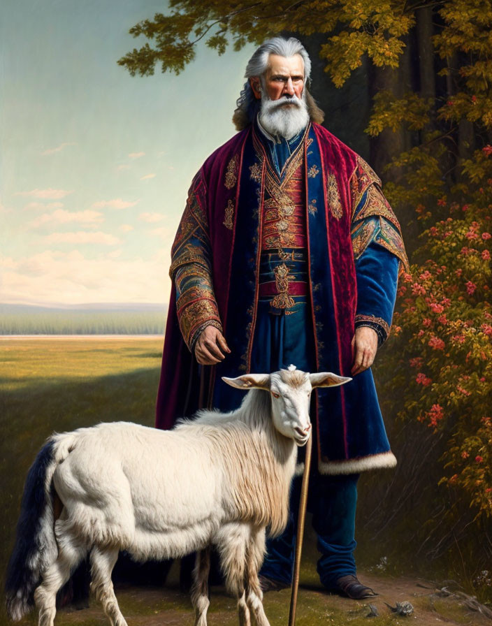 Elderly man in blue and red traditional attire with white beard and cane standing next to a goat