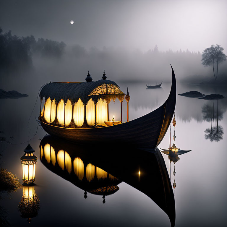 Ornate boat with glowing lanterns on tranquil lake under crescent moon