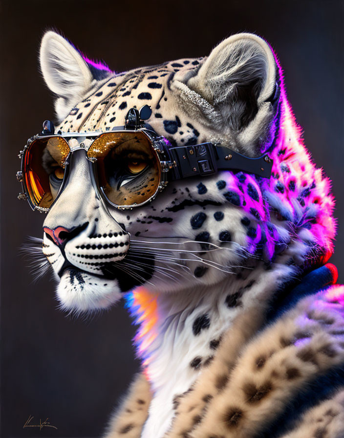 Stylized snow leopard with human-like eyes in aviator glasses and headset