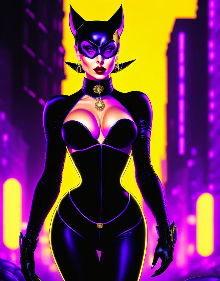 Stylized Catwoman artwork in black suit with yellow highlights