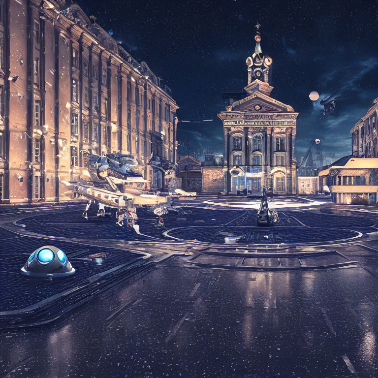 Futuristic city square at night with advanced vehicles, cobblestone streets, ornate buildings,