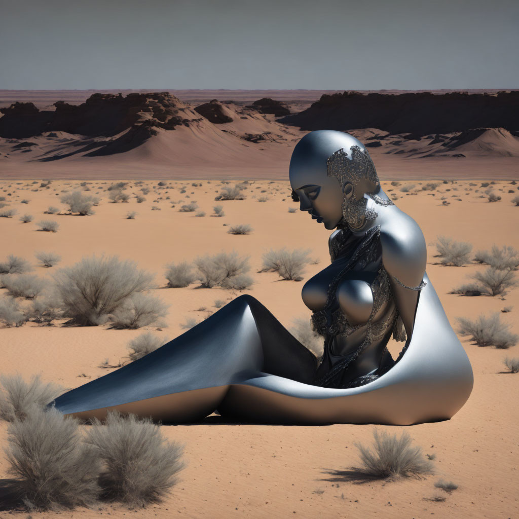 Metallic humanoid figure in desert landscape with etchings.