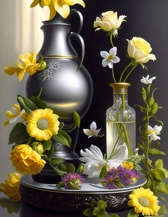 Dark jug, glass bottle, yellow and white flowers on reflective surface